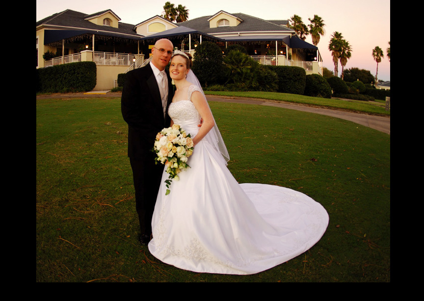 bride and groom at sunset